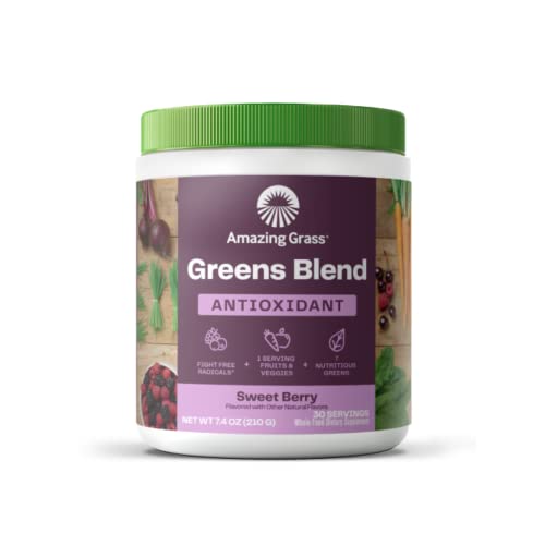 Amazing Grass Greens Blend Antioxidant: Super Greens Powder Smoothie Mix with Organic Spirulina, Beet Root Powder, Elderberry, Bilberry, Prebioitics & Probiotics, Sweet Berry, 30 Servings
