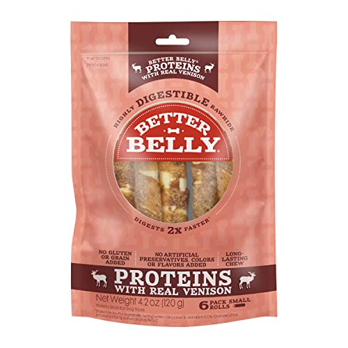 Better Belly Proteins with Real Venison Small Rolls 6 Count, Digestible Rawhide for Dogs, 4.2 OZ