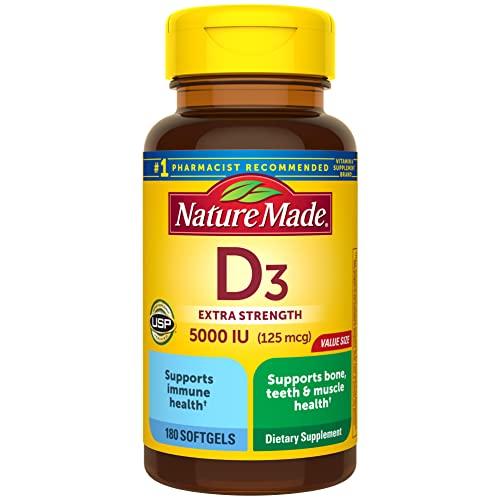 Nature Made Extra Strength Vitamin D3 5000 IU (125 mcg), Dietary Supplement for Bone, Teeth, Muscle and Immune Health Support, 360 Softgels, 360 Day Supply