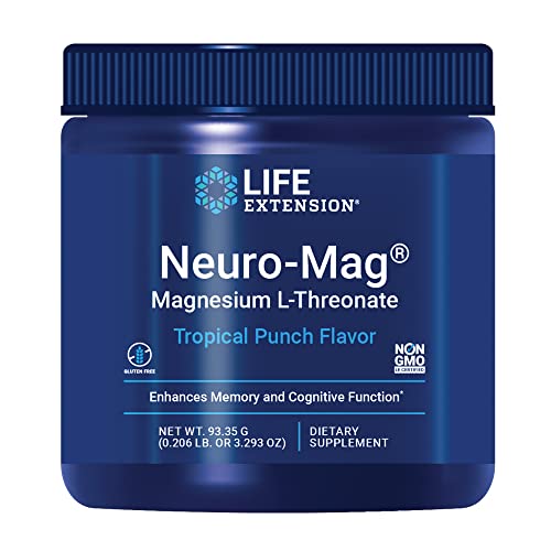 Life Extension Neuro-Mag Magnesium L-Threonate Powder (Tropical Punch) - Ultra-Absorbable Magnesium - Supports Memory, Focus, Cognitive Function & Mood - Gluten No, Non-GMO, Vegetarian (30 Servings)