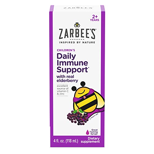 Zarbee's Black Elderberry Syrup for Kids Daily Immune Support with Vitamin C Zinc & Real Elderberry Childrens Liquid Supplement 8 fl Oz