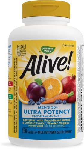 Nature's Way Alive! Men’s 50+ Ultra Potency Complete Multivitamin, High Potency Formula, Supports Multiple Body Systems, Supports Cellular Energy, Gluten-Free, 150 Tablets