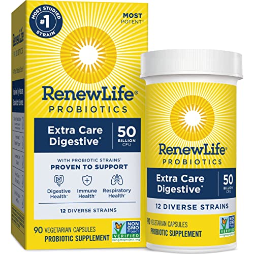 Renew Life Adult Probiotics, 50 Billion CFU Guaranteed, Probiotic Supplement for Digestive & Immune Health, Shelf Stable, Gluten Dairy & Soy Free, Extra Care Digestive, 90 Capsules