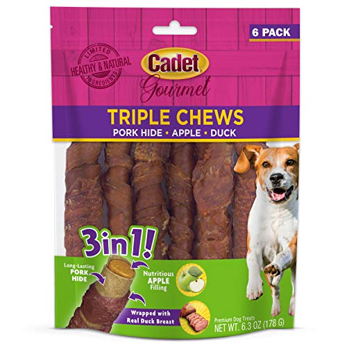 Cadet Gourmet Triple Chews Pork Hide, Apple, & Duck Dog Treats - Healthy Dog Treats for Small & Large Dogs - Inspected & Tested in USA (6 Count)