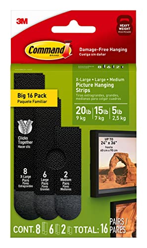 Command Black Picture Hanging Strip Mixed Pack, 16 Pairs Including Command Strips Heavy Duty, Damage-Free Heavyweight Hanging