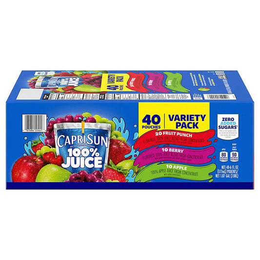 Capri Sun 100% Juice Fruit Punch, Berry & Apple Juice Box Pouches Variety Pack (6 fl. oz. pouches, 40 pk.)