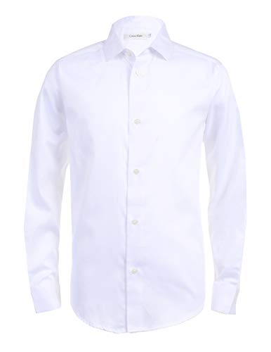 Calvin Klein Boys' Big Long Sleeve Sateen Dress Shirt, Style with Buttoned Cuffs & Shirttail Hem, White, 12