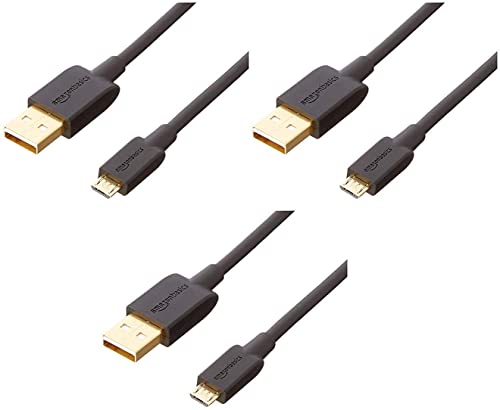 Amazon Basics 5-Pack USB-A to Micro USB Fast Charging Cable, 480Mbps Transfer Speed with Gold-Plated Plugs, USB 2.0, 3 Foot, Black