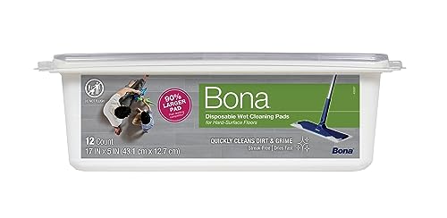 Bona Hard-Surface Floor Disposable Wet Cleaning Pads - 12-Pack - Residue-Free Floor Cleaning Solution for Stone, Tile, Laminate, and Vinyl LVT/LVP Floors