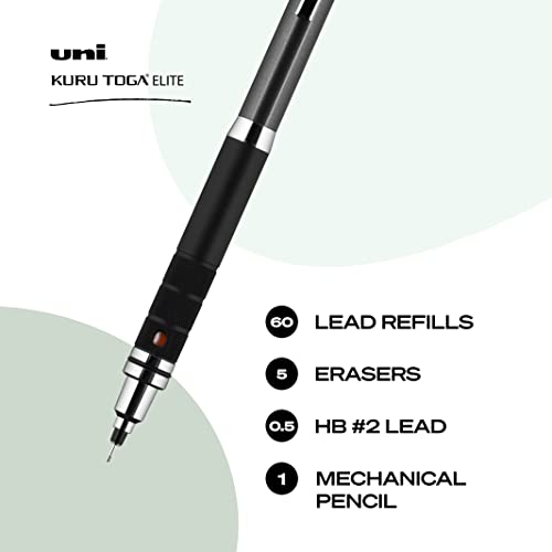 Uniball Kuru Toga Elite Mechanical Pencil Starter Kit with Gun Metal Barrel and 0.5mm Pencil Tip, 60 Lead Refills, and 5 Pencil Eraser Refills, HB #2, Office Supplies, School Supplies, Drafting