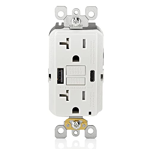 Leviton GUAC2-W 20A SmartlockPro Self-Test GFCI Combination with Type A & Type-C USB In-Wall, USB Charger for Smartphones and Tablets