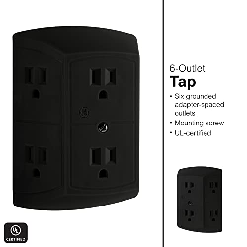 GE home electrical 6-Outlet Extender, 2 Pack, Grounded Wall Tap, Adapter Spaced Outlets, 3-Prong, Quick and Easy Install, UL Listed, Black, 47876