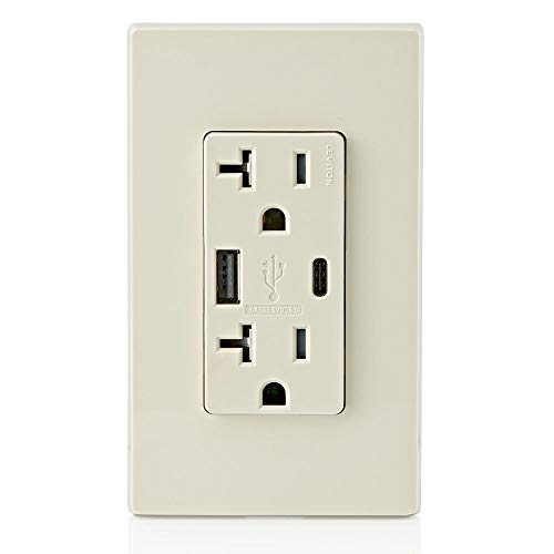 Leviton T5633-I Type A & Type-C USB In-Wall Charger with 15A Tamper-Resistant Outlet, USB Charger for Smartphones and Tablets. Not for Laptops, Ivory