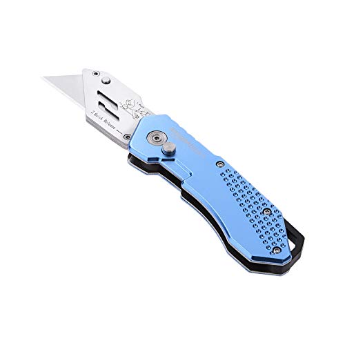 Amazon Basics Folding Utility Knife, Lightweight Aluminum Body with Holster, Light Blue