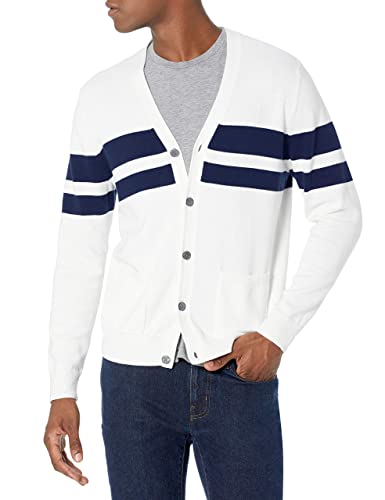 Amazon Essentials Men's Cotton Cardigan Sweater, White/Navy, Stripe, Medium