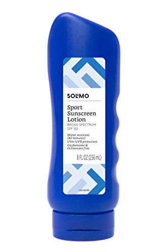 Amazon Brand - Solimo Sport Sunscreen Lotion, SPF 50, Reef Friendly (Octinoxate & Oxybenzone Free), Broad Spectrum UVA/UVB Protection, 8 Fluid Ounce