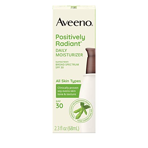 Aveeno Positively Radiant Daily Facial Moisturizer with Broad Spectrum SPF 30 Sunscreen & Soy, Improves Skin Tone & Texture, Hypoallergenic, Oil-Free & Non-Comedogenic, 2.3 Fl. Oz