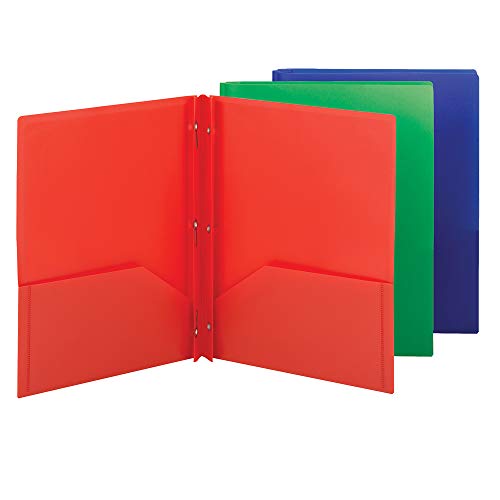 Smead Poly Two-Pocket Folder, Three-Hole Punch Prong Fasteners, Letter Size, Assorted Colors, 3 per Pack (87738)