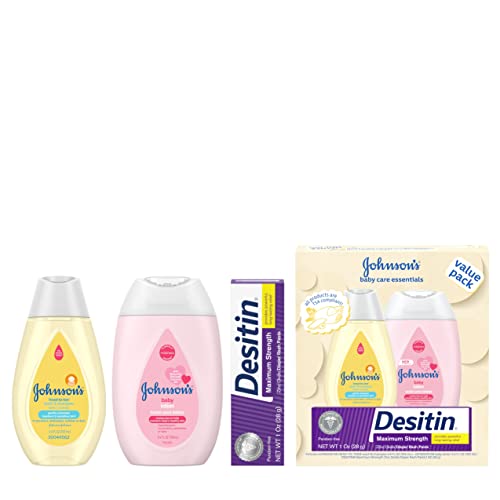 Johnsons Baby Care Essentials Gift Set, Baby Skincare Set with Body Wash & Shampoo, Body Lotion, & Zinc Oxide Diaper Rash Paste for Babys Delicate Skin, Value Pack, Travel-Size, 3 items