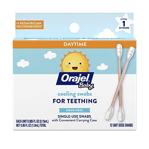 Orajel Baby Daytime Cooling Swabs for Teething, Drug-Free, 1 Pediatrician Recommended Brand for Teething, 12 Swabs in Carrying Case(Packing May Vary)