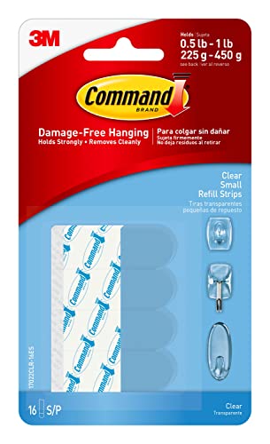 Command Small Refill Adhesive Strips, Damage Free Hanging Wall Adhesive Strips for Small Wall Hooks, No Tools Removable Adhesive Strips to Redecorate and Reorganize Dorm Rooms, 16 Clear Command Strips