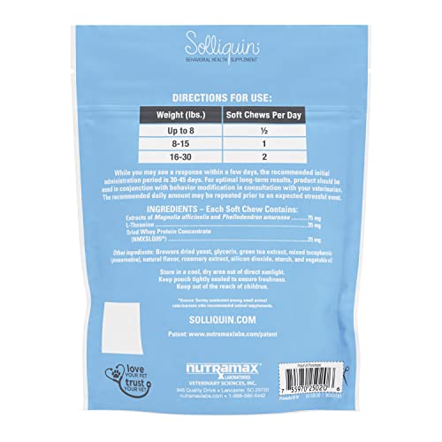Nutramax Solliquin Calming Behavioral Health Supplement for Small to Medium Dogs and Cats - with L-Theanine, Magnolia/Phellodendron, and Whey Protein Concentrate, 75 Soft Chews