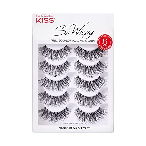 KISS So Wispy Fake Eyelashes Multipack #01, Easy-To-Apply Lightweight False Eyelashes, 100% Cruelty-Free Natural Human Hair, Reusable and Contact Lens Friendly, 5 Pairs
