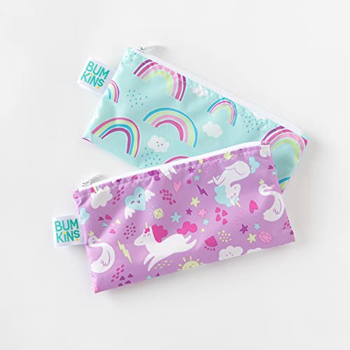 Bumkins Reusable Snack Bags, for Kids School Lunch and for Adults Portion, Washable Fabric, Waterproof Cloth Zip Bag, Supplies Travel Pouch, Food-Safe, 2-pk Unicorns and Rainbows