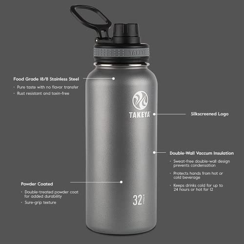 Takeya Vacuum Insulated Stainless Steel Water Bottle, 18 oz, Black
