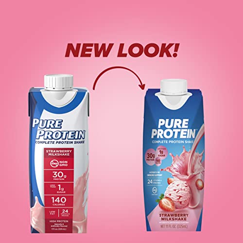Pure Protein Strawberry Protein Shake, 30g Complete Protein, Ready to Drink and Keto-Friendly, Vitamins A, C, D, and E plus Zinc to Support Immune Health, 11oz Bottles, 12 Pack