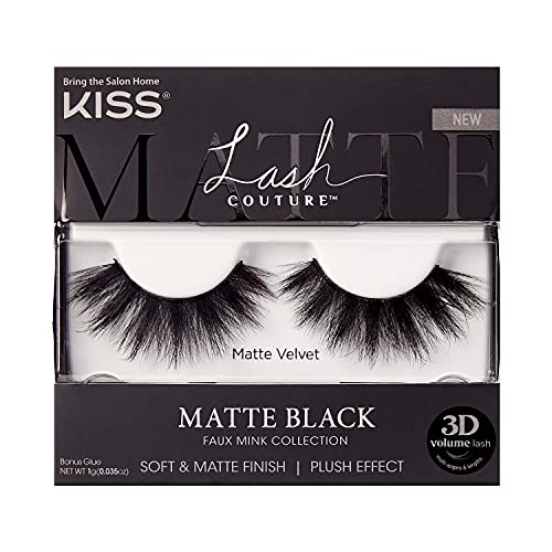KISS Lash Couture False Eyelashes, Matte Black Faux Mink Collection, 3D Volume Lash, Soft & Matte Finish, Style Matte Velvet, 1 Pair Fake Eyelashes