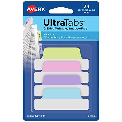 Avery Ultra Tabs, 2.5" x 1", 2-Side Writable, Pink/Green/Orange, 24 Repositionable Margin Tabs (74767)