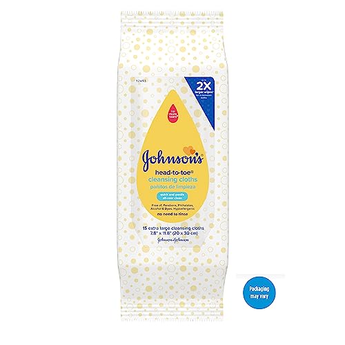Johnsons Head-to-Toe Gentle Baby Cleansing Cloths, Hypoallergenic and Pre-Moistened Baby Bath Wipes, Free of Parabens, Phthalates, Alcohol, Dyes and Soap, 15 ct