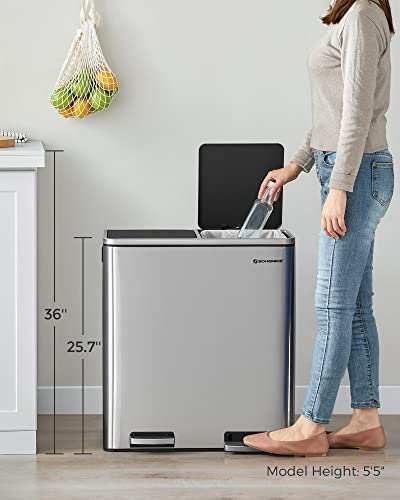 SONGMICS Trash Can, 2 x 8-Gallon Garbage Can for Kitchen, with 15 Trash Bags, 2 Compartments, Plastic Inner Buckets and Hinged Lids, Airtight, Silver and Black ULTB60NL