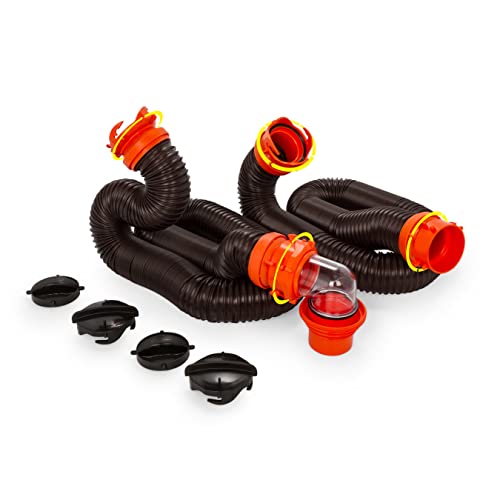 Camco RhinoFLEX 20’ Camper/RV Sewer Hose Kit | Clear Elbow w/ Removable 4-in-1 Adapter & Pre-Attached Swivel Bayonet and Lug Fittings | Sections Compress for RV Storage and Organization (39742)