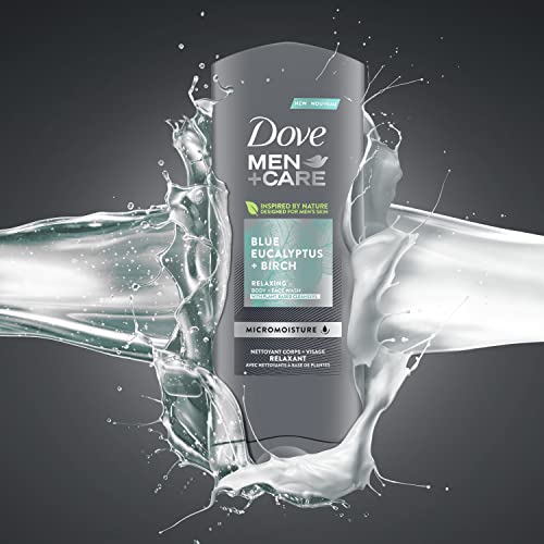 Dove Men+Care Mens Body Wash Blue Eucalyptus and Birch 4 Count Dry Skin Body Wash with Micromoisture, Effectively Washes Away Bacteria While Nourishing Your Skin, 18 oz