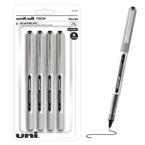 Uniball Vision Rollerball Pens, Black Pens Pack of 4, Fine Point Pens with 0.7mm Medium Black Ink, Ink Black Pen, Pens Fine Point Smooth Writing Pens, Bulk Pens, and Office Supplies