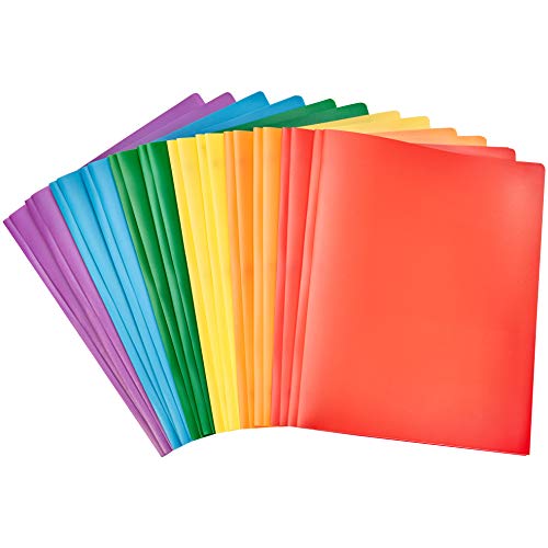 Amazon Basics Plastic 3 Hole Punch Folders with 2 Pockets, Assorted Color, Pack of 12