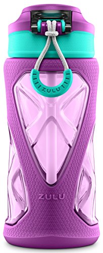 Zulu Torque 16oz Plastic Kids Water Bottle with Silicone Sleeve and Leak-Proof Locking Flip Lid and Soft Touch Carry Loop for School Backpack, Lunchbox, Outdoor Sports, Dishwasher Safe, Purple