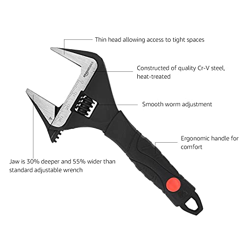 Amazon Basics Plumbing Adjustable Wrench with Soft Grip, Wide Mouth, 6 inch x 2.50 inch x 0.6 inch