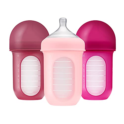Boon NURSH Reusable Silicone Baby Bottles with Collapsible Silicone Pouch Design — Everyday Baby Essentials — 3 Count — Stage 2 Medium Flow — 8 Oz — Speckle
