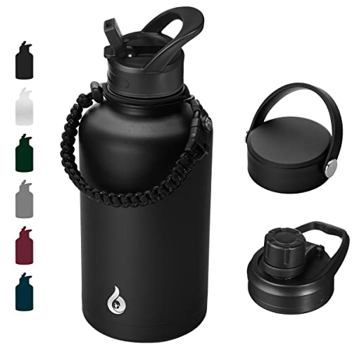 BJPKPK Half Gallon Insulated Water Bottles with Straw Lid,64oz Large ,Stainless Steel Water Bottles with 3 Lids and Paracord Handle for Hot & Cold Liquid, Black