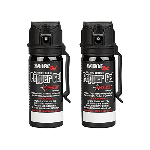 SABRE Crossfire Pepper Gel, Deploys At Any Angle, Maximizes Target Acquisition Against Multiple Threats, Belt Clip For Easy Carry, Flip Top Safety, Maximum Police Strength OC Spray, 18 Bursts