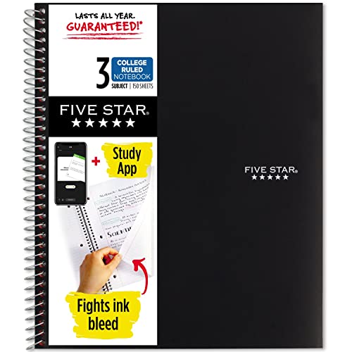 Five Star Spiral Notebook + Study App, 3 Subject, College Ruled Paper, Fights Ink Bleed, Water Resistant Cover, 8-1/2" x 11", 150 Sheets, Red (72065)