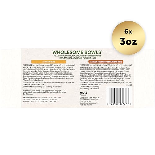 CESAR WHOLESOME BOWLS Adult Wet Dog Food, Chicken Recipe and Chicken, Sweet Potatoes & Green Beans Recipe Variety Pack, 3 oz., Pack of 6