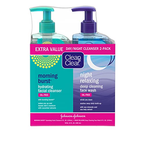 Clean & Clear 2-Pack Day & Night Daily Face Cleansers, Morning Burst Hydrating Facial Cleanser & Night Relaxing Deep Cleansing Face Wash, Oil-Free & Wont Clog Pores, 2 x 8 fl. oz