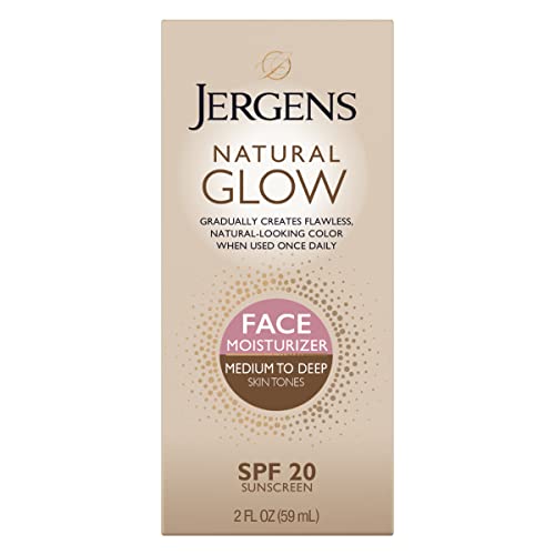 Jergens Natural Glow Self Tanner Face Moisturizer, SPF 20 Facial Sunscreen, Medium to Deep Skin Tone, Sunless Tanning, Oil Free, Broad Spectrum Protection UVA and UVB, 2 oz (Packaging May Vary)