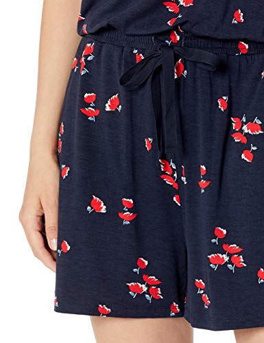 Amazon Essentials Women's Short-Sleeve Scoop Neck Romper, Navy/Red, Tulips, Small