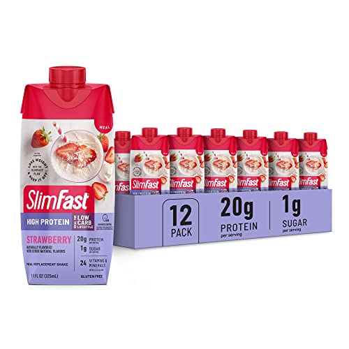 SlimFast Protein Shake, Strawberry- 20g Protein, Meal Replacement Shake Ready to Drink, High Protein with Low Carb and Low Sugar, 24 Vitamins and Minerals, 12 Count (Pack of 1)