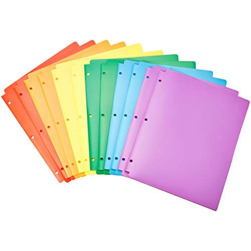 Amazon Basics Plastic 3 Hole Punch Folders with 2 Pockets, Assorted Color, Pack of 12